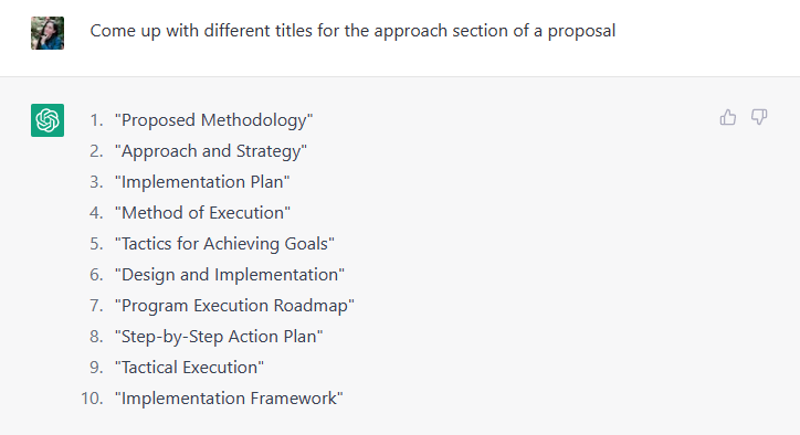 ChatGPT outputs different title ideas for the approach section of a proposal