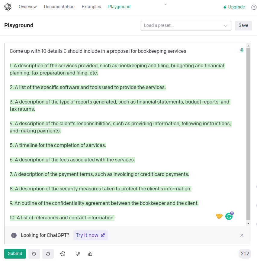 OpenAI Playground lists items to include in bookkeeping services proposal