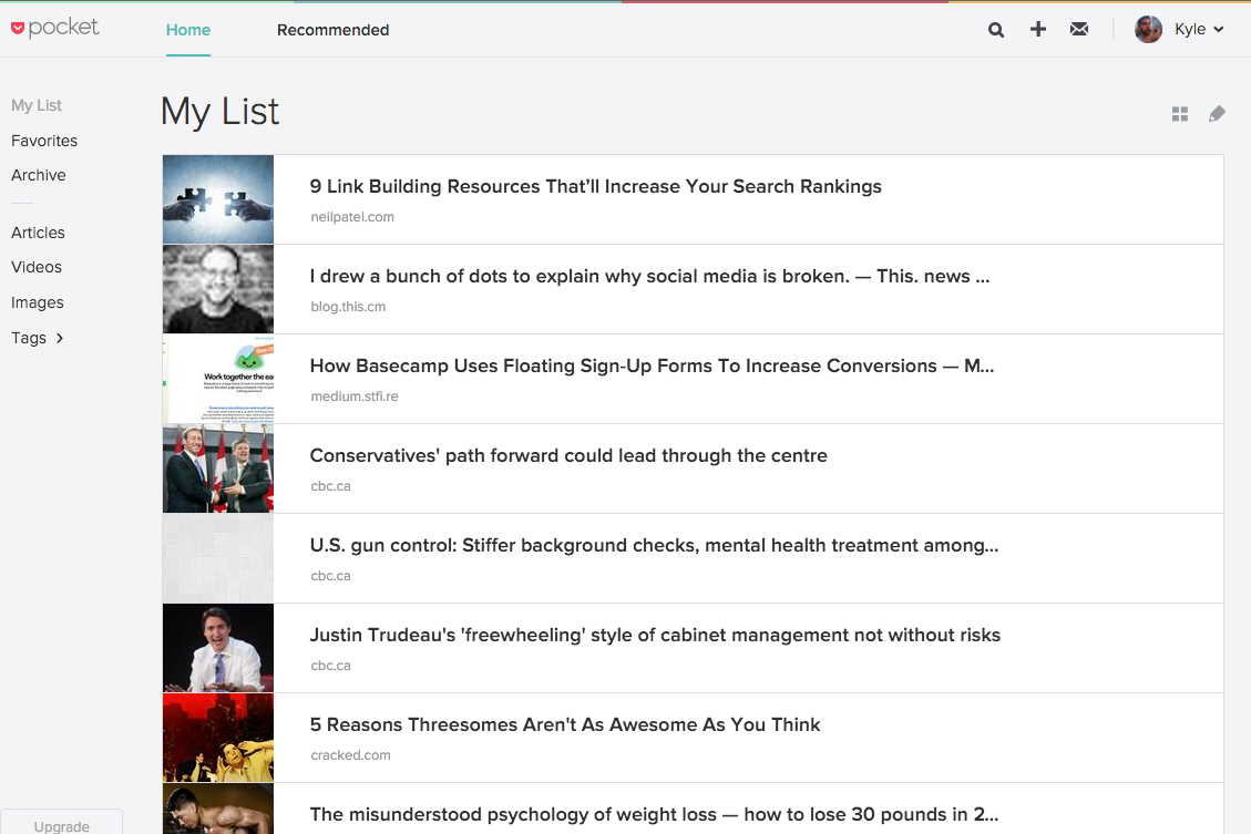a list of articles on a pocket account