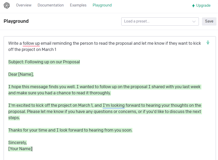 OpenAI's Playground writing a follow-up email for a project
