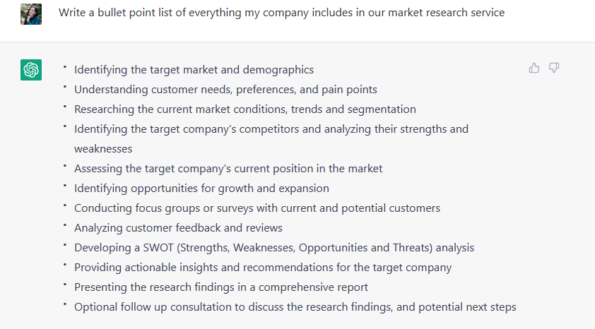 ChatGPT output is a list of things included in a market research service