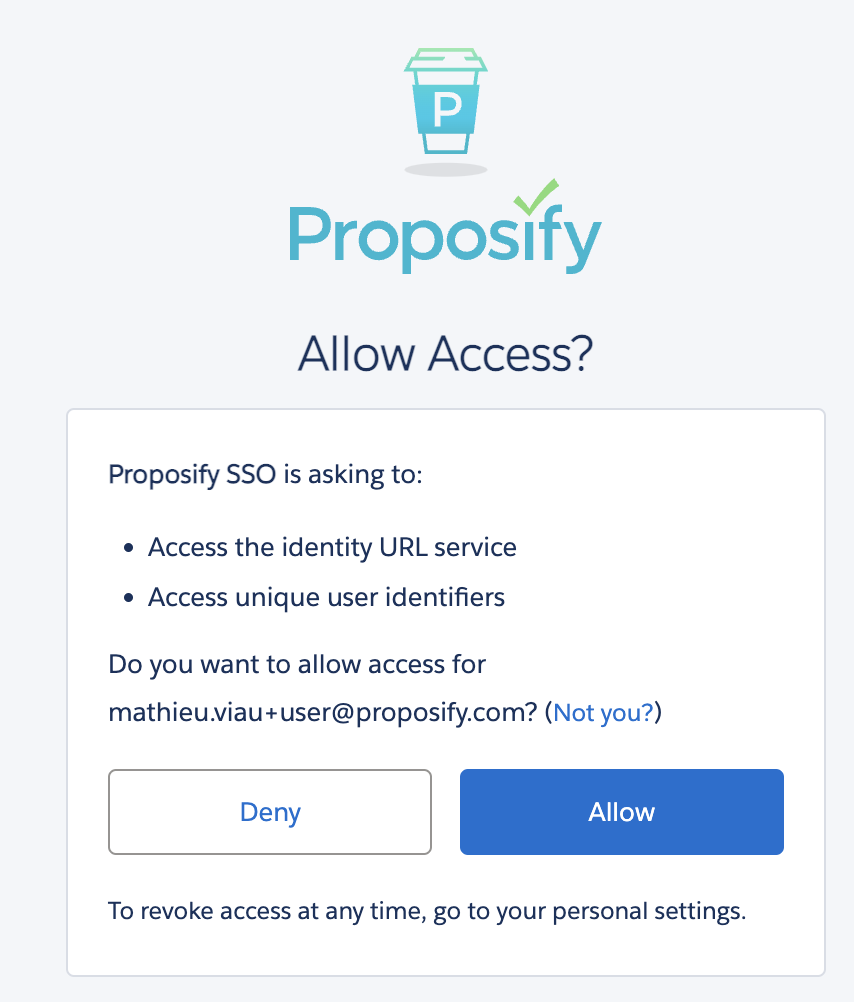 Screenshot of Proposify app allowing access to SalesForce