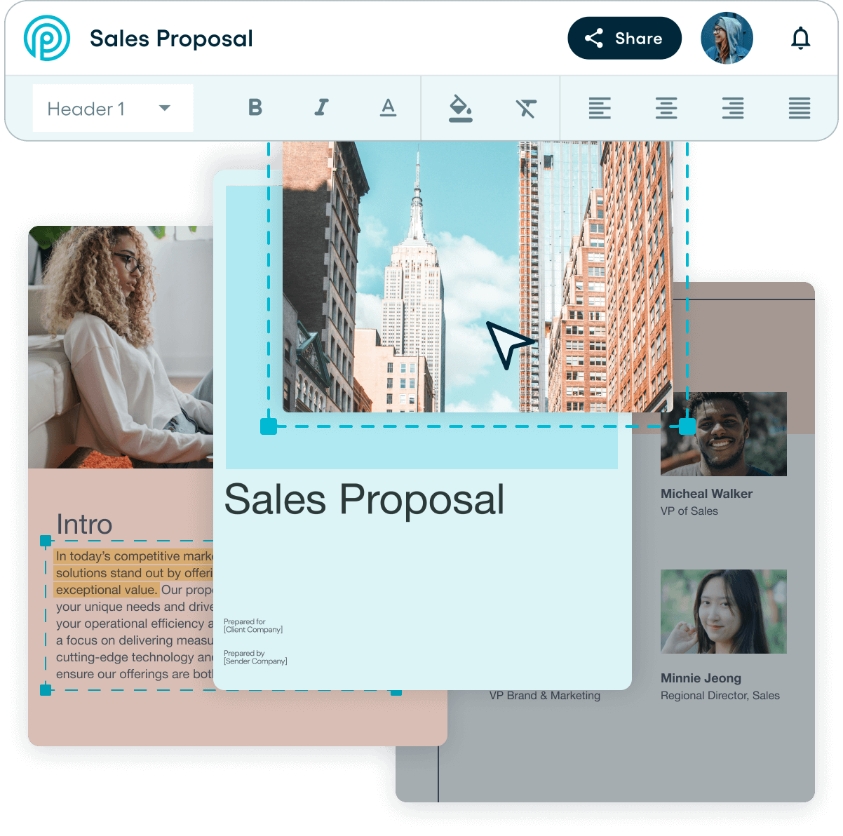 Three pages from a sale proposal template being customized by adding a cover image and editing text.