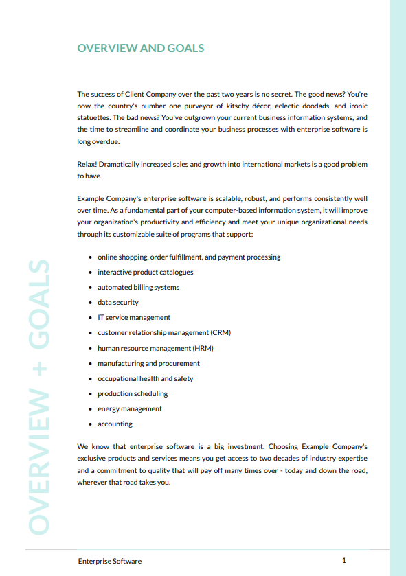 Enterprise software proposal example showing overview and goals page