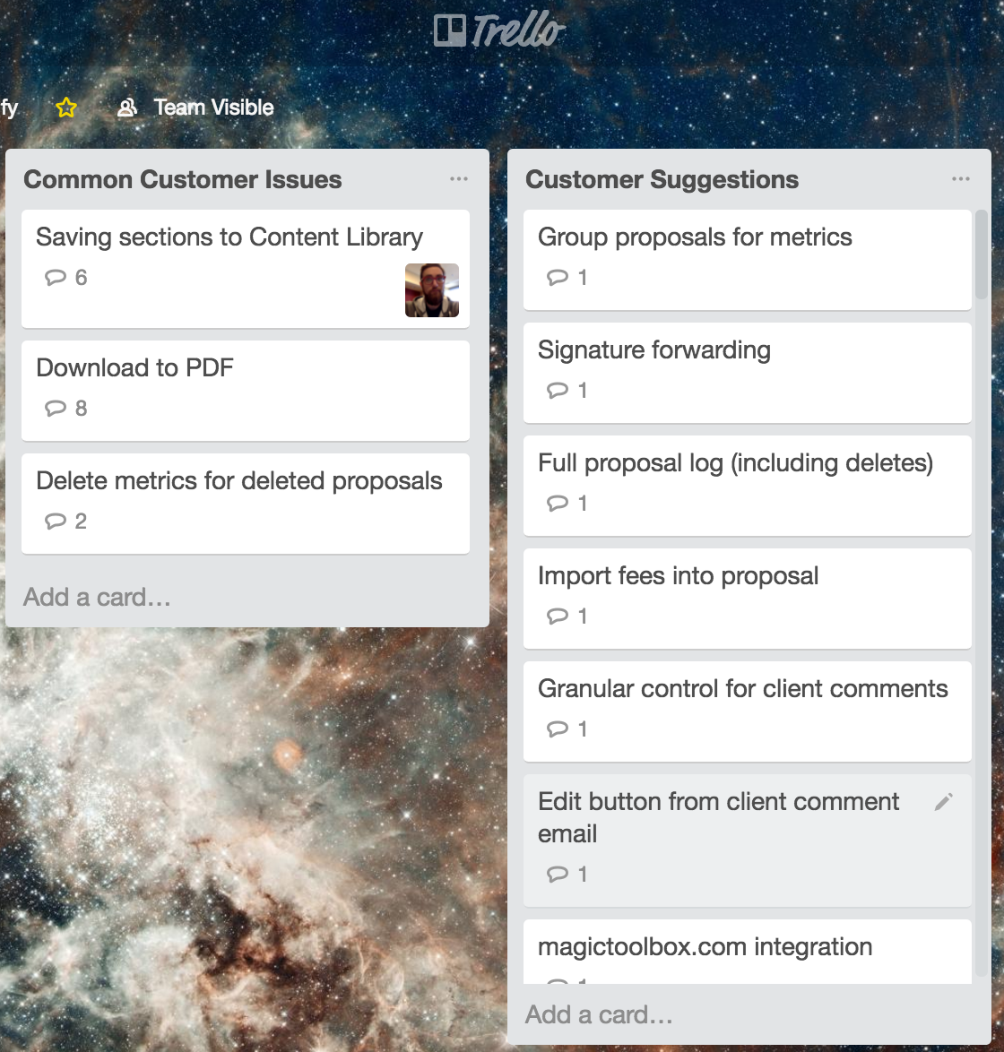 Trello board for common customer issues and customer suggestions